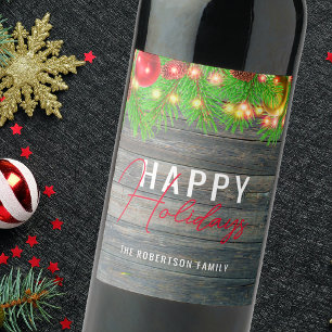 Rustic Wood Pine String Lights Christmas Holiday Wine Label