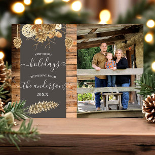 Rustic Wood Pinecone Family Christmas Photo Card