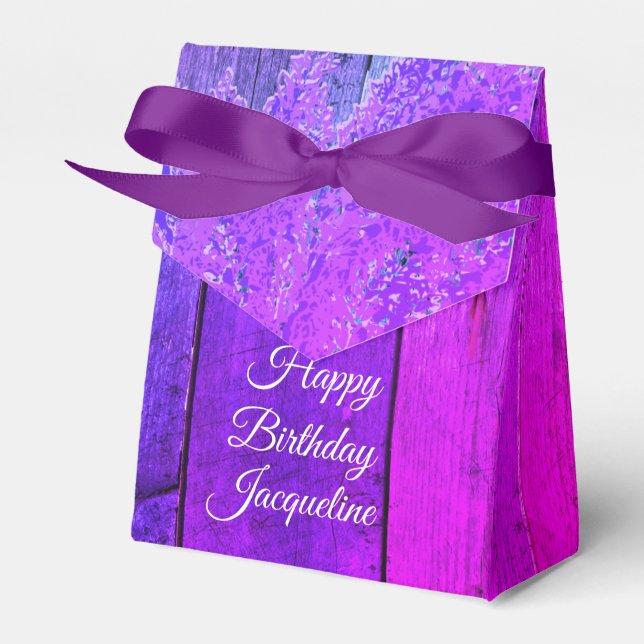 Rustic Wood Pink and Purple Lilac Personalised Favour Box (Front Side)