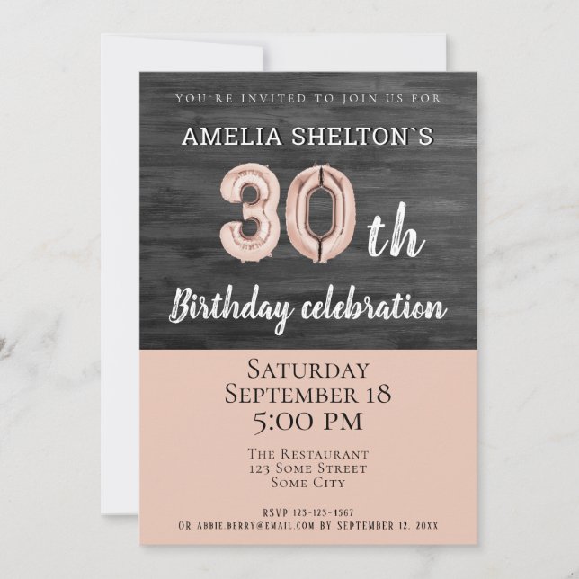 Rustic Wood Pink Balloon 30th Birthday Party Invitation (Front)