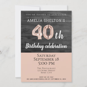Rustic Wood Pink Balloon 40th Birthday Party Invitation