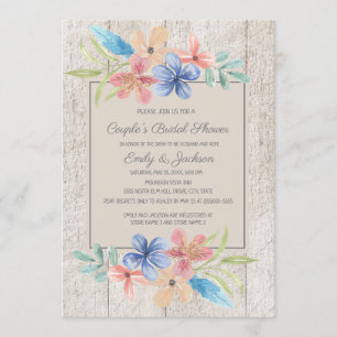 Rustic Wood Pink Blue Floral Couples Bridal Shower Invitation