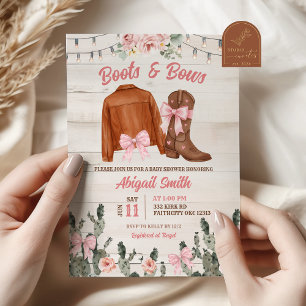 Rustic Wood Pink Boots and Bows Baby Shower Invitation