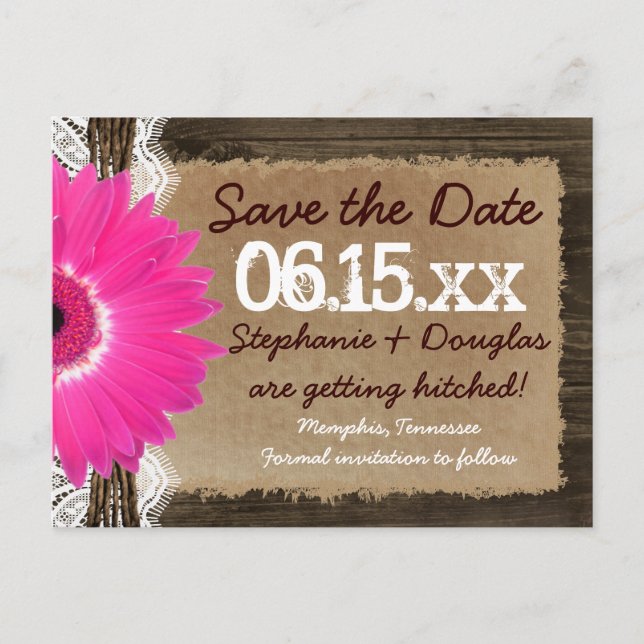Rustic Wood Pink Daisy Save the Date Postcards (Front)