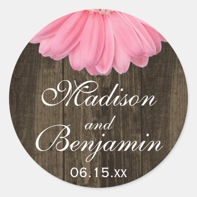 Rustic Wood Pink Daisy Wedding Favour Stickers (Front)