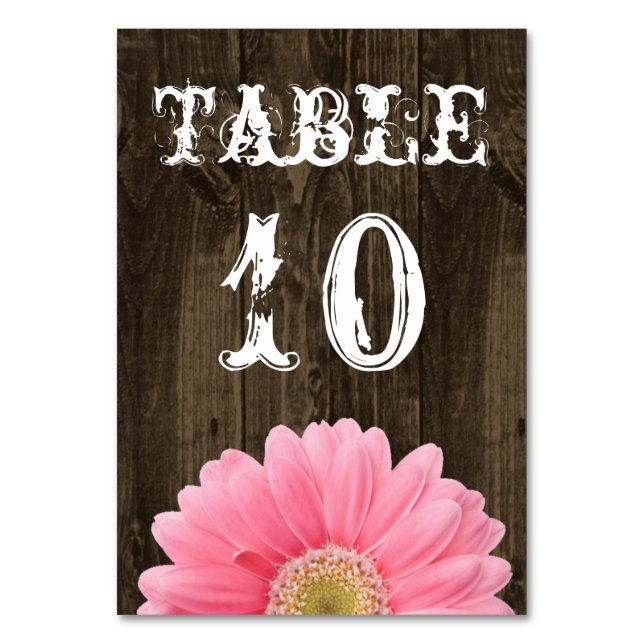 Rustic Wood Pink Daisy Wedding Table Number Card (Front)