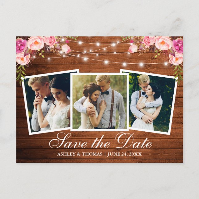 Rustic Wood Pink Floral 3 Photo Save The Date Invitation Postcard (Front)