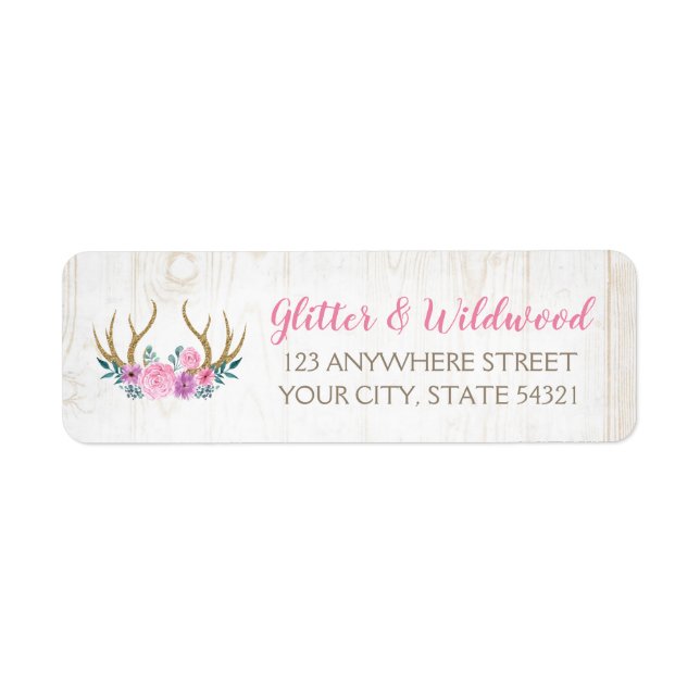 Rustic Wood & Pink Floral Antlers Return Address (Front)