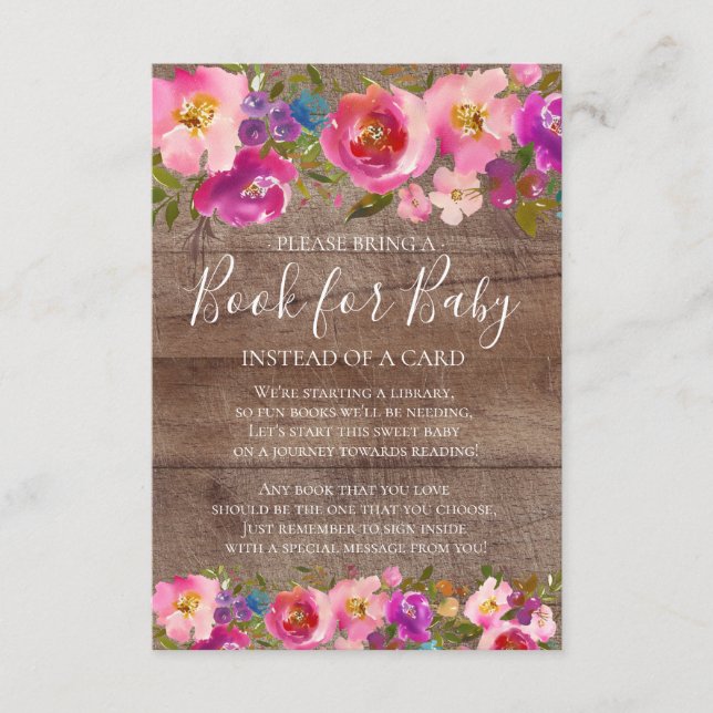 Rustic Wood Pink Floral Baby Shower Book for Baby Enclosure Card (Front)