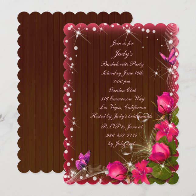 Rustic Wood Pink Floral Butterfly Bachelorette Invitation (Front/Back)