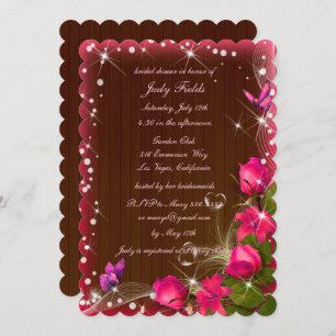 Rustic Wood Pink Floral Butterfly Bridal Shower Invitation
