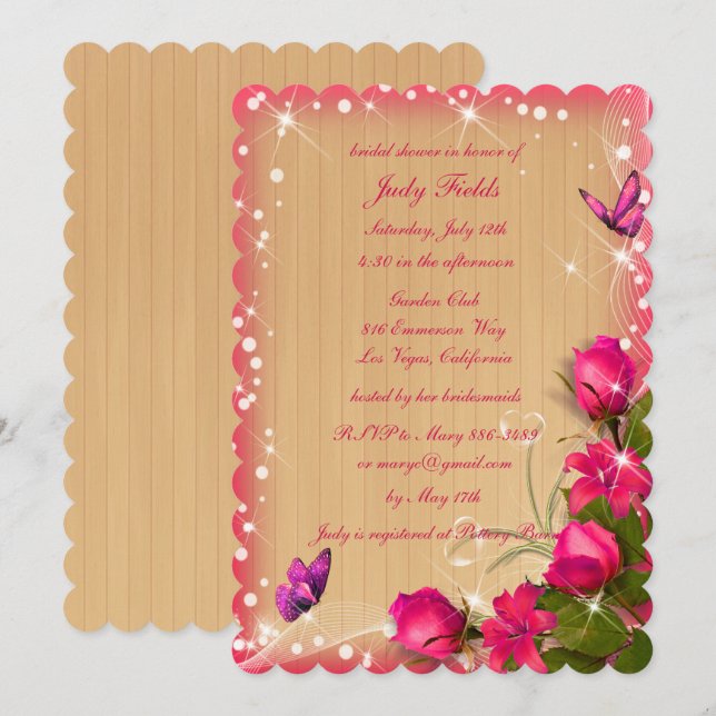 Rustic Wood Pink Floral Butterfly Bridal Shower Invitation (Front/Back)
