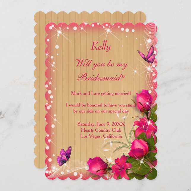 Rustic Wood Pink Floral Butterfly Bridesmaid Invitation (Front/Back)