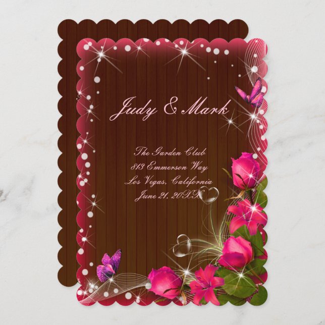 Rustic Wood Pink Floral Butterfly Menu Card (Front/Back)