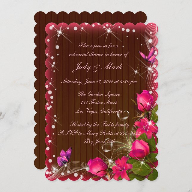 Rustic Wood Pink Floral Butterfly Rehearsal Dinner Invitation (Front/Back)