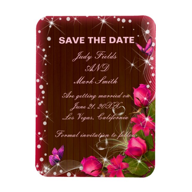 Rustic Wood Pink Floral Butterfly Save The Date Magnet (Vertical)
