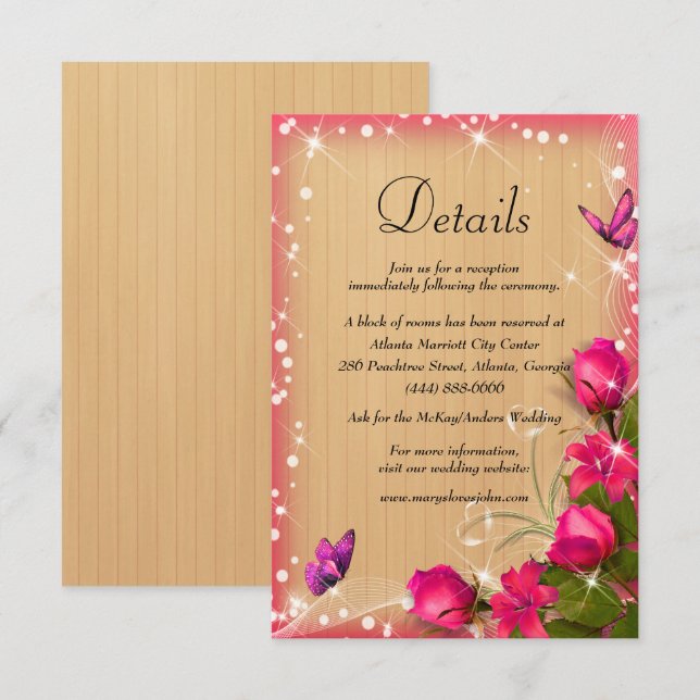 Rustic Wood Pink Floral Butterfly Wedding Details Enclosure Card (Front/Back)