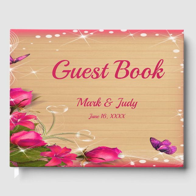 Rustic Wood Pink Floral Butterfly Wedding Guest Book (Front)