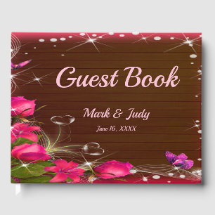 Rustic Wood Pink Floral Butterfly Wedding Guest Book