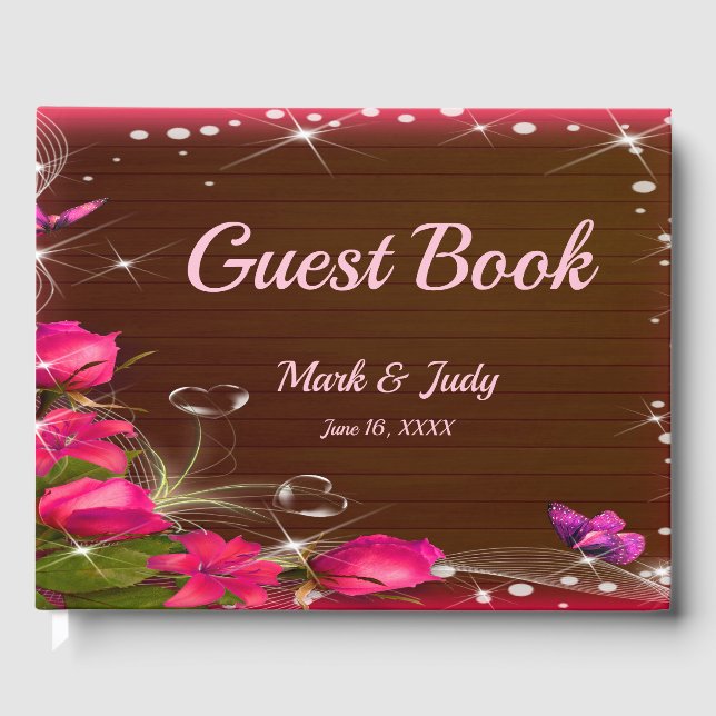 Rustic Wood Pink Floral Butterfly Wedding Guest Book (Front)