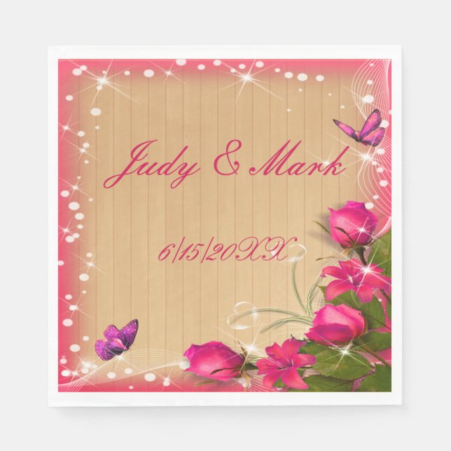 Rustic Wood Pink Floral Butterfly Wedding Paper Napkin (Front)