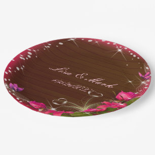Rustic Wood Pink Floral Butterfly Wedding Paper Plate