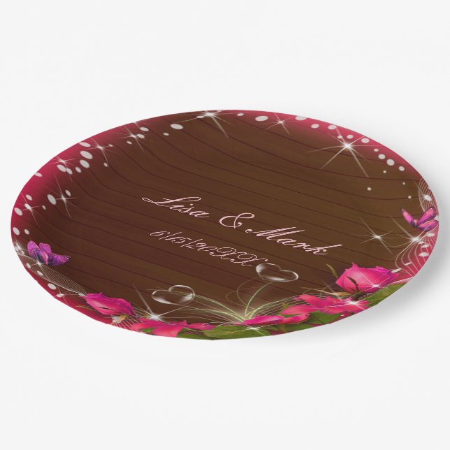 Rustic Wood Pink Floral Butterfly Wedding Paper Plate (Angled)