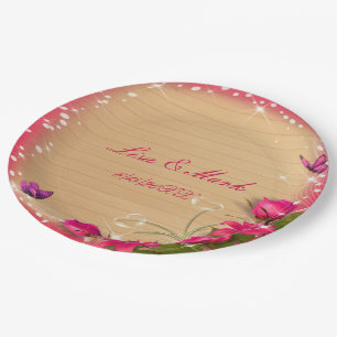 Rustic Wood Pink Floral Butterfly Wedding Paper Plate