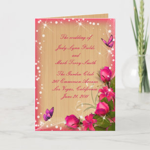 Rustic Wood Pink Floral Butterfly Wedding Program Card