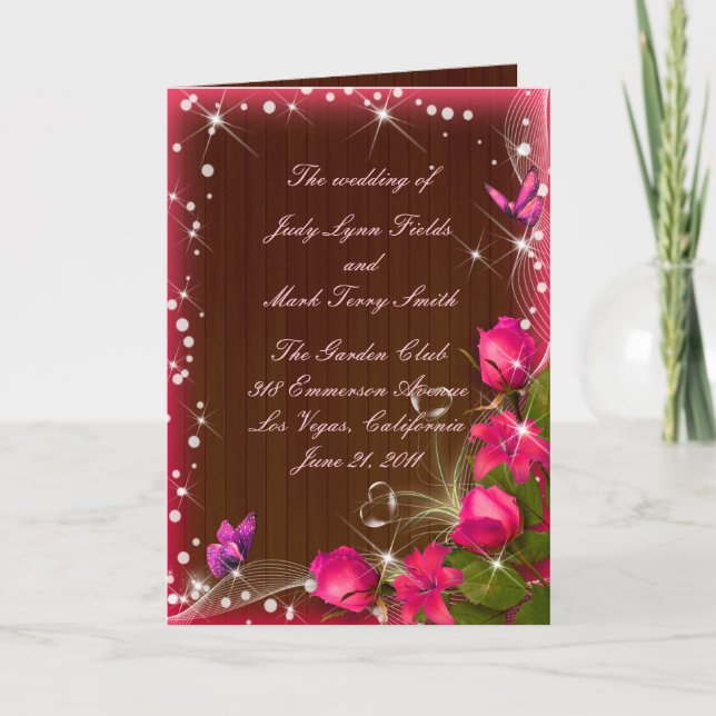 Rustic Wood Pink Floral Butterfly Wedding Program Card (Front)