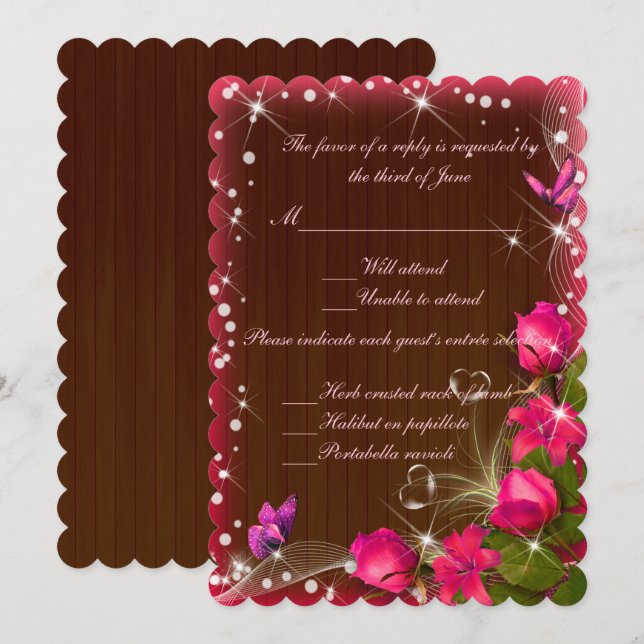 Rustic Wood Pink Floral Butterfly Wedding Response Invitation (Front/Back)