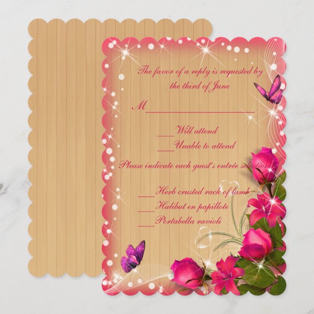 Rustic Wood Pink Floral Butterfly Wedding Response Invitation (Front/Back)