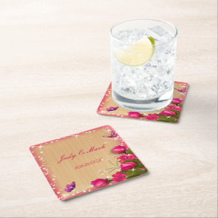 Rustic Wood Pink Floral Butterfly Wedding Square Paper Coaster