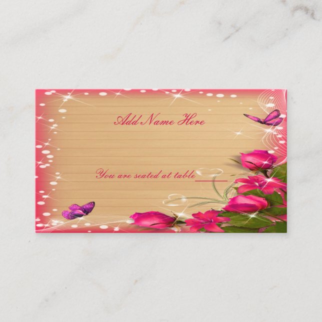 Rustic Wood Pink Floral Butterfly Wedding Table Place Card (Front)