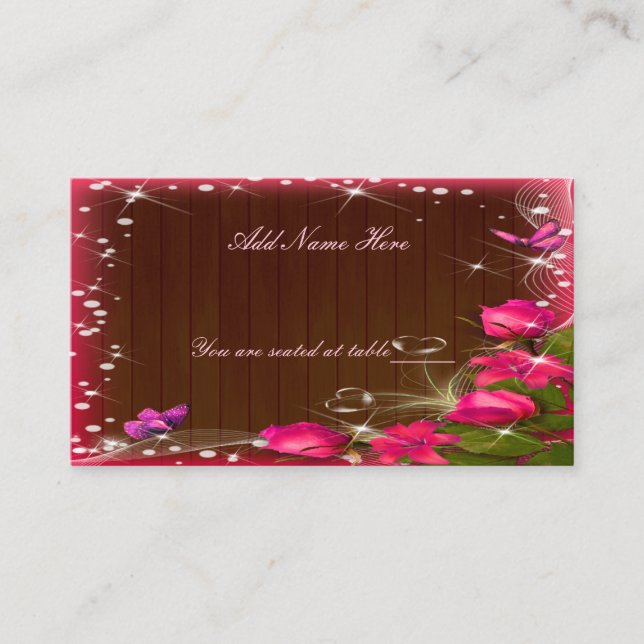 Rustic Wood Pink Floral Butterfly Wedding Table Place Card (Front)