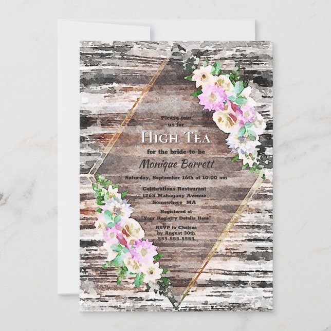 Rustic Wood Pink Floral Geometric Bridal High Tea Invitation (Front)