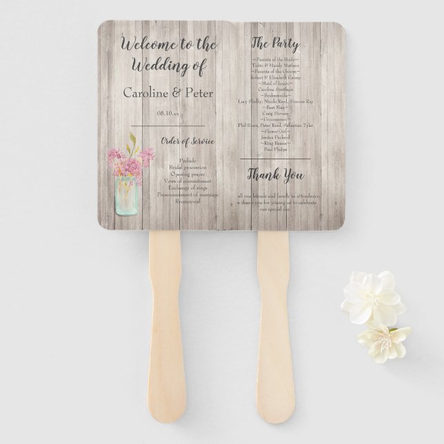 Rustic Wood Pink Floral Mason Jar Wedding Hand Fan (Front and Back)