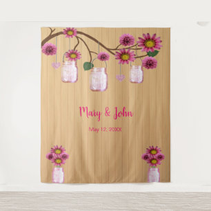 Rustic Wood Pink Floral Mason Jars Photo Backdrop Tapestry