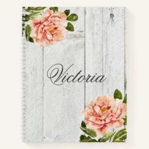 Rustic Wood  Pink Floral Personalised Script Notebook