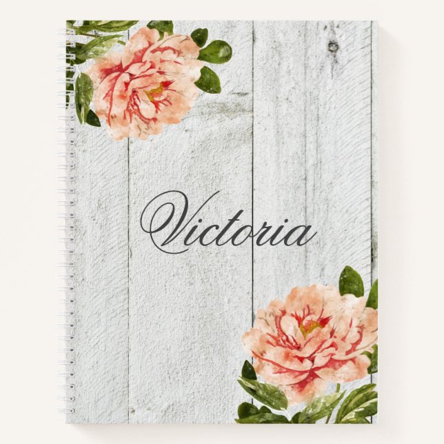 Rustic Wood  Pink Floral Personalised Script Notebook (Front)