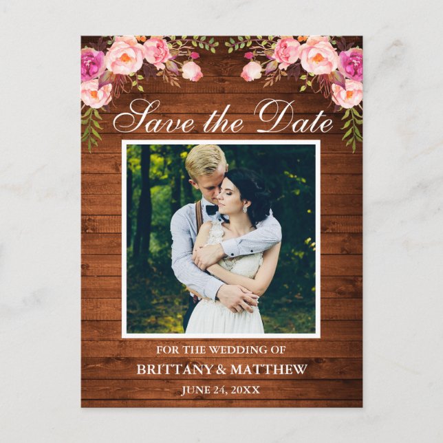 Rustic Wood Pink Floral Photo Save the Date Postcard (Front)