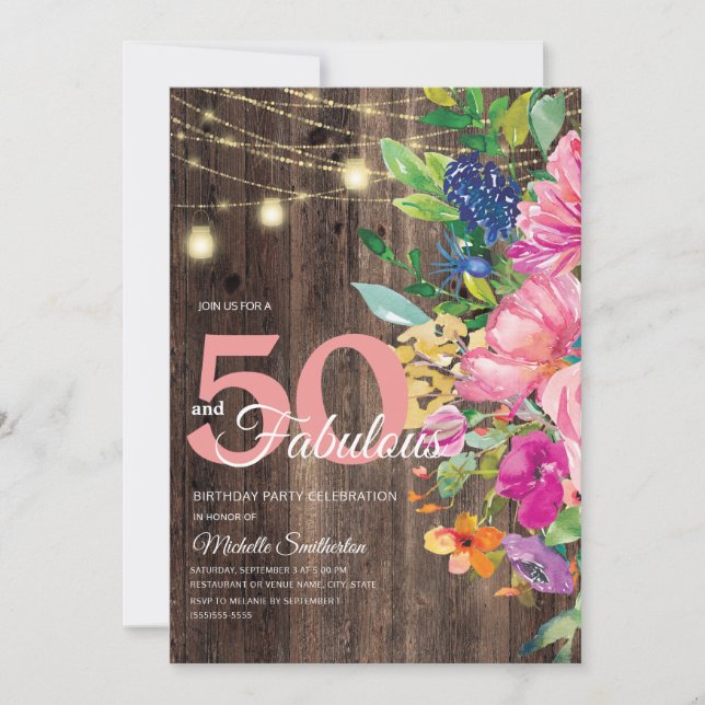 Rustic Wood Pink Floral String Lights 50 Fabulous Invitation (Front)