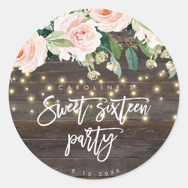 rustic wood pink floral sweet 16 sticker (Front)
