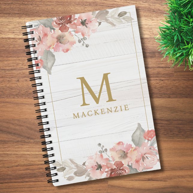 Rustic Wood Pink Floral Watercolor Monogram Notebook (Creator Uploaded)