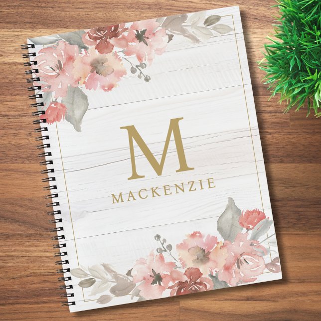 Rustic Wood Pink Floral Watercolor Monogram Notebook (Creator Uploaded)