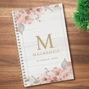 Rustic Wood Pink Floral Watercolor Monogram Planner
