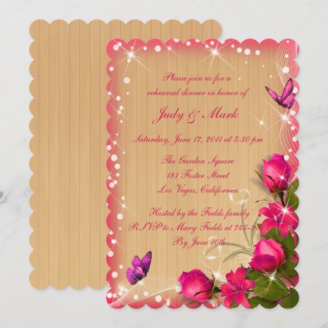 Rustic Wood Pink Floral Wedding Rehearsal Dinner Invitation (Front/Back)