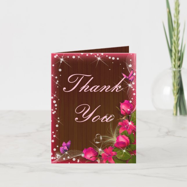 Rustic Wood Pink Floral Wedding Thank You Card (Front)