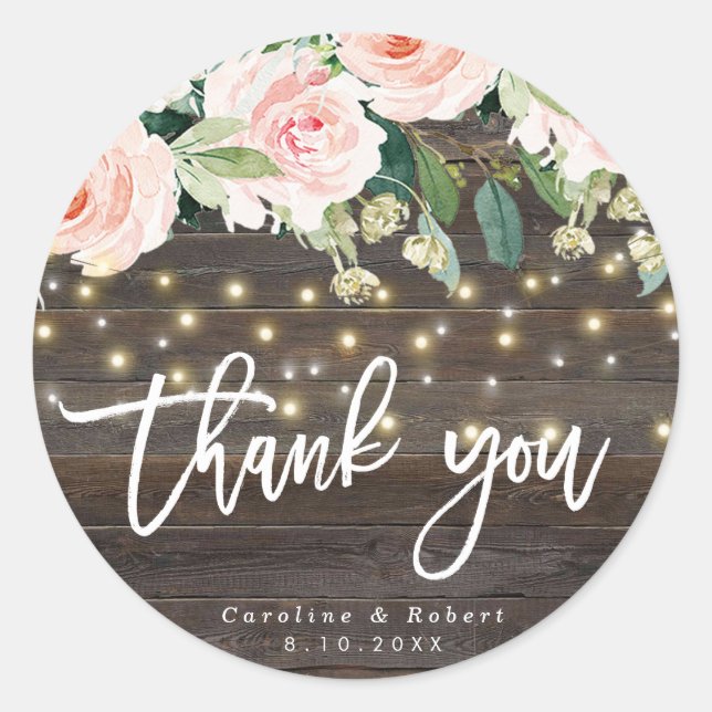 rustic wood pink floral wedding thank you sticker (Front)