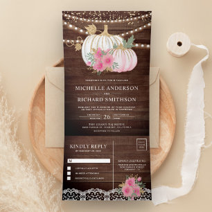 Rustic Wood Pink Floral White Pumpkin Fall Wedding Tri-Fold Invitation